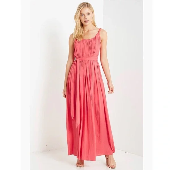 open lace back dress Pontee One Shoulder Pleated Midi Dress - Coral main image 0
